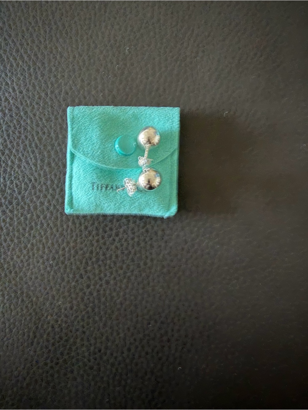 Tiffany & Co. Sterling Silver Double Ball Drop Earrings with Turquoise Pouch